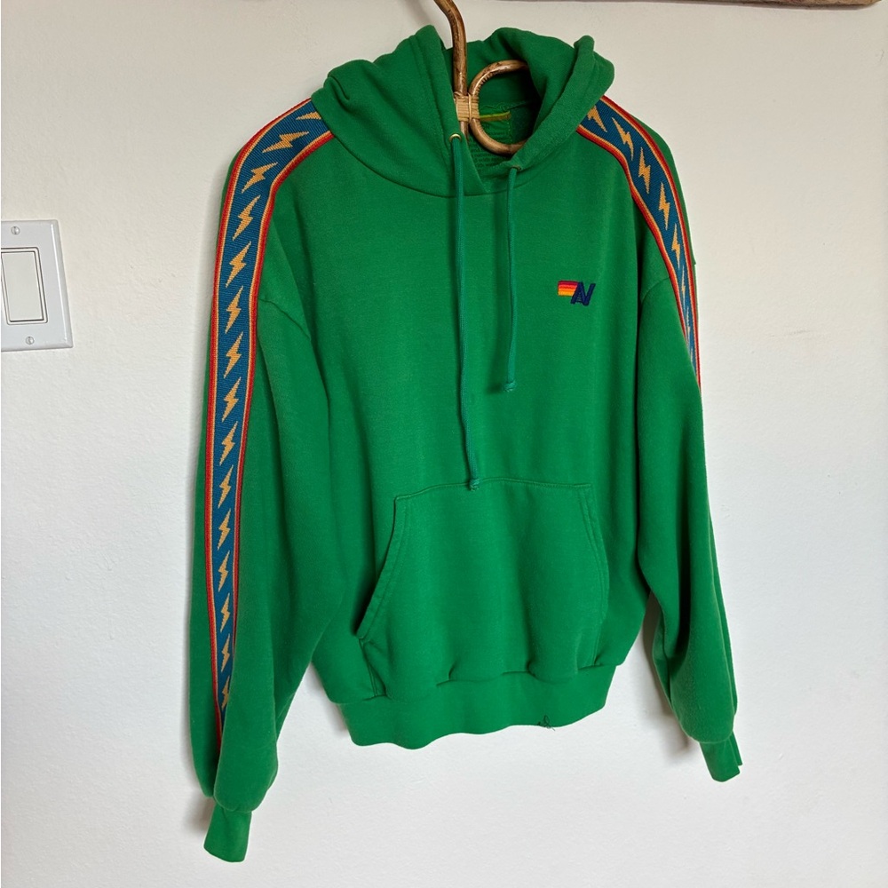Aviator Nation Green Hooded Sweatshirt with Lightning Stripe Detail XS